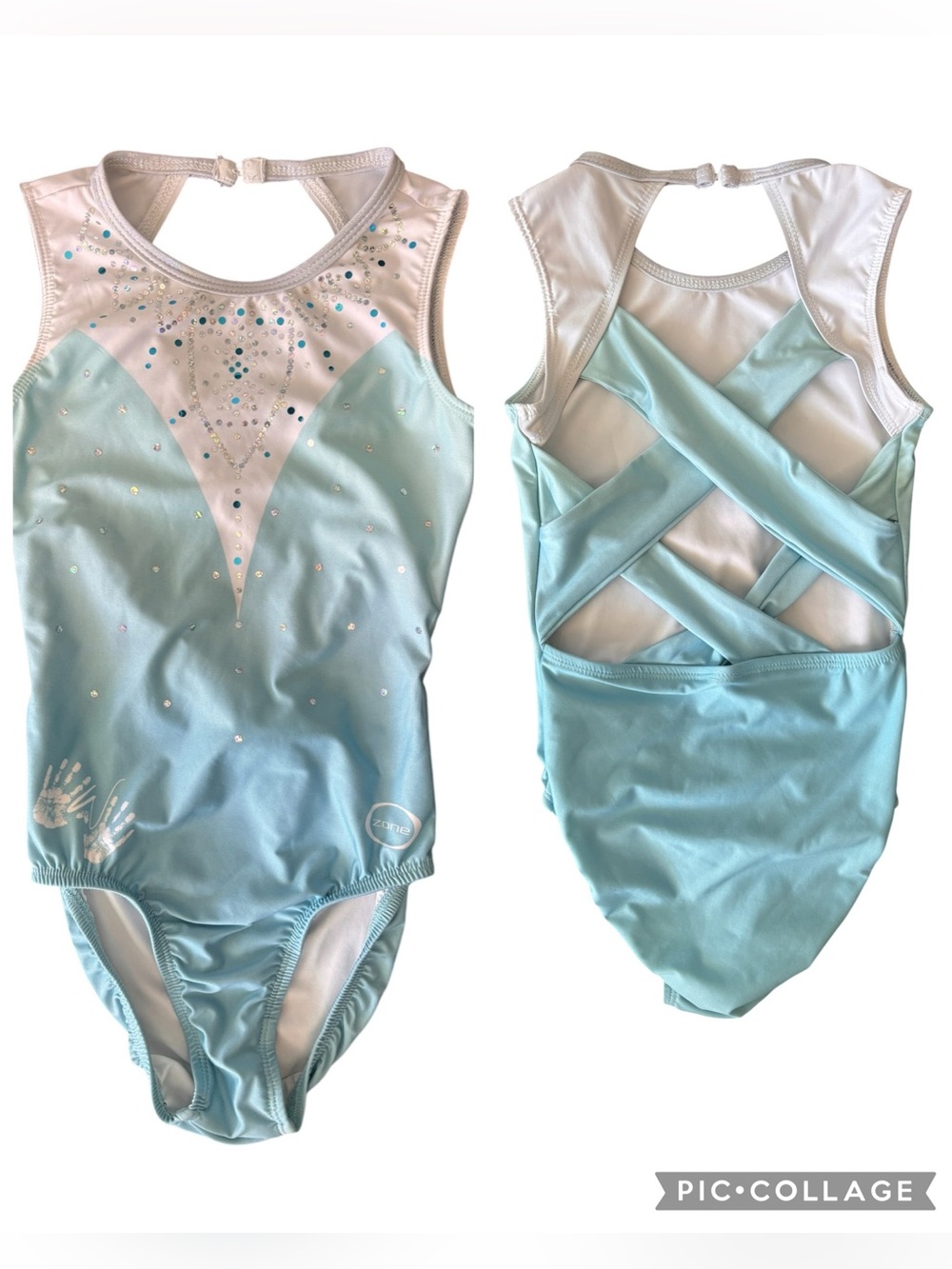 Chalk Warrior Ozone Light Blue & White Crisscross Back Leotard with Rhinestones